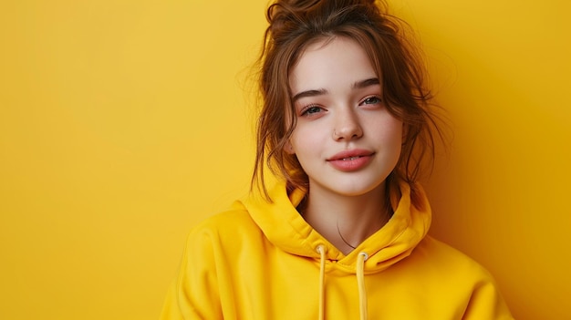 A young woman face portrait in yellow hoodie on yellow background