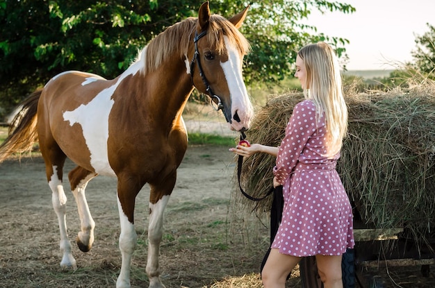 A young woman feeds a horse near a haystack on a farm