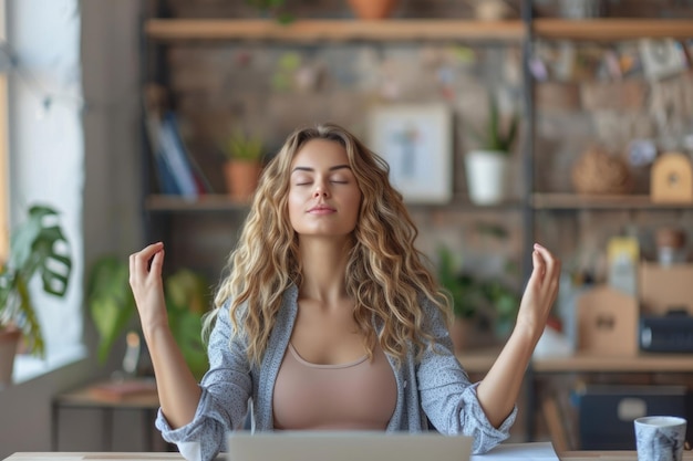 Photo young woman finds balance through yoga at work and home