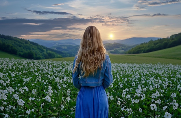 Behind young woman in flower garden with sunset