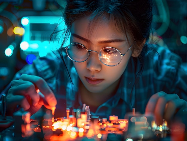 Photo a young woman focuses intently on intricate circuit board components in a dimly lit tech lab