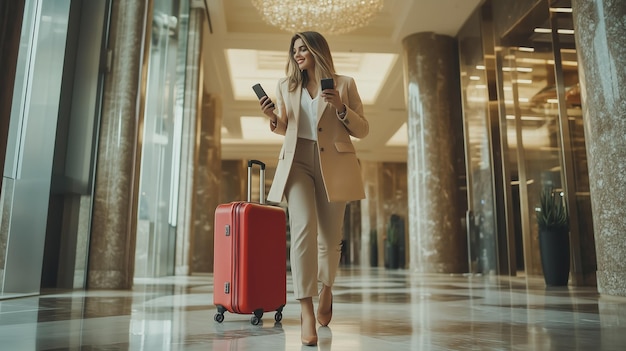 Young woman in formal attire walking with a red suitcase in a modern hotel lobby checking her phone in the morning light