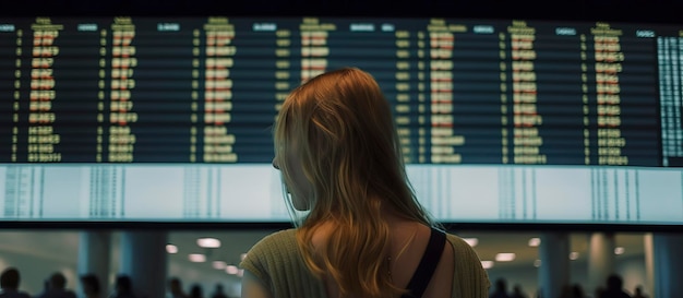 Young woman from behind looking at the screen with the information of departure and arrival times and flights in an airport