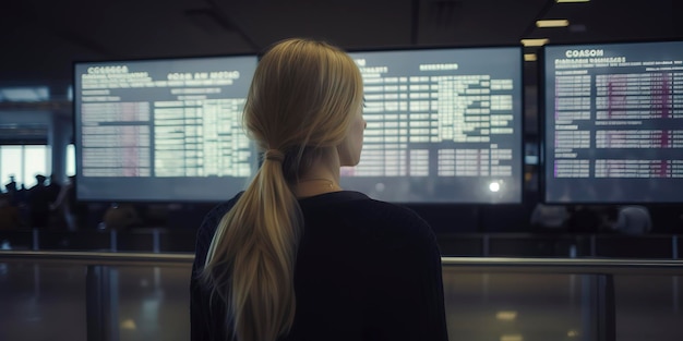 Young woman from behind looking at the screen with the information of departure and arrival times and flights in an airport