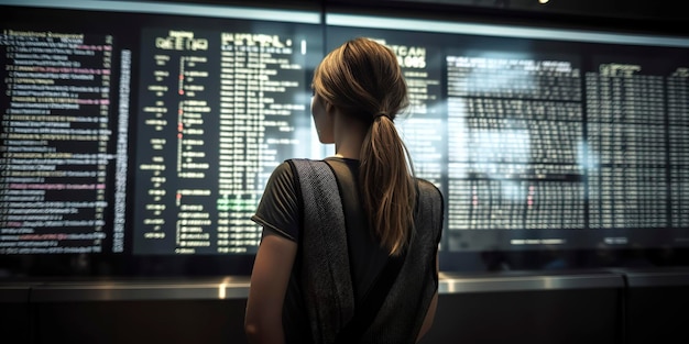 Young woman from behind looking at the screen with the information of departure and arrival times and flights in an airport