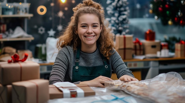 Photo a young woman full of holiday spirit sitting at a giftwrapping table with christmas decorations