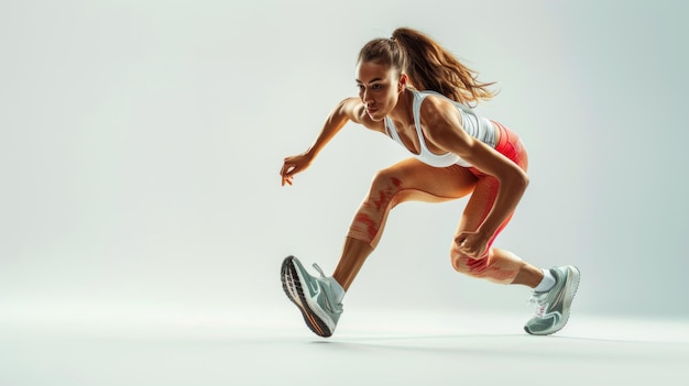 Photo young woman in functional athletic wear preparing to sprint poised and smiling ultradetailed white background