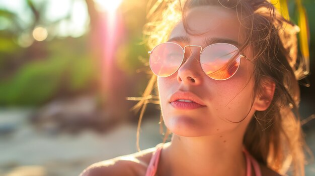 A young woman gazes off into the distance wearing reflective sunglasses with the golden sunlight caressing her face