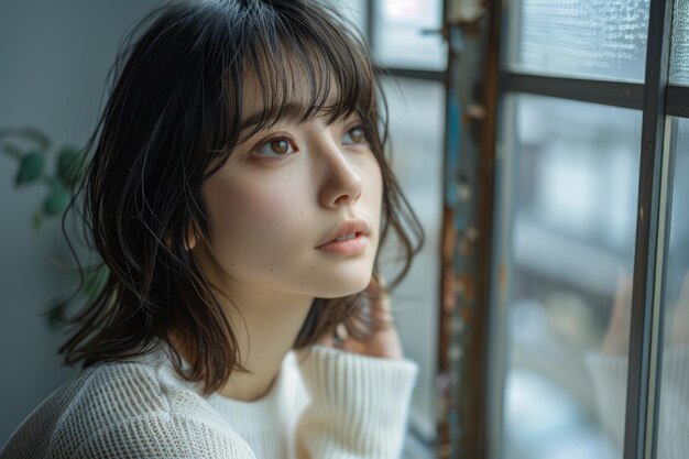 Young Woman Gazing Thoughtfully Out of a Window on a Cozy Day Indoor Peaceful Lifestyle Concept