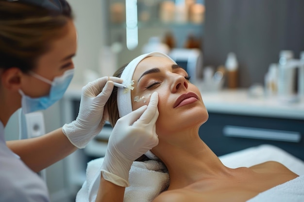 Young woman getting dermaplaning facial treatment at beauty center