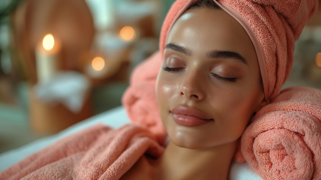 Young woman getting spa therapy Relaxed beautiful woman wearing towels lying on massage tables