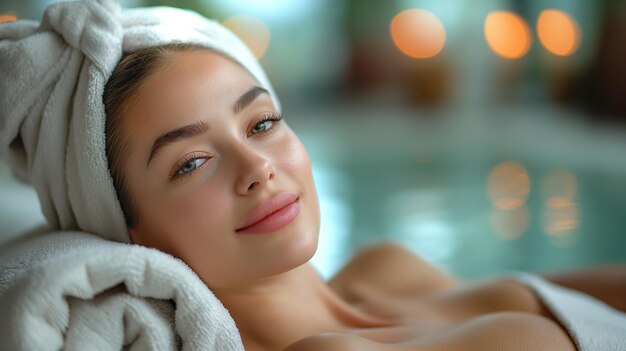 Young woman getting spa therapy Relaxed beautiful woman wearing towels lying on massage tables