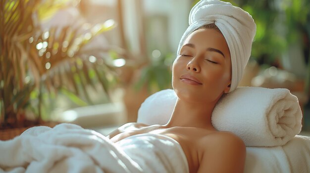 Young woman getting spa therapy Relaxed beautiful woman wearing towels lying on massage tables