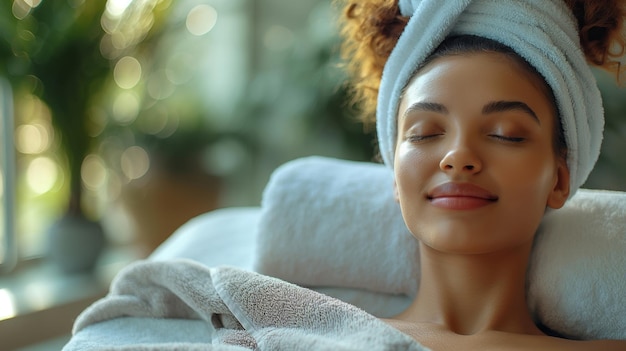 Young woman getting spa therapy Relaxed beautiful woman wearing towels lying on massage tables