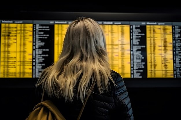 Young woman or girl checking flight timetable of arrivals departure stand in international airport travel concept Traveling Illustration Generative Ai