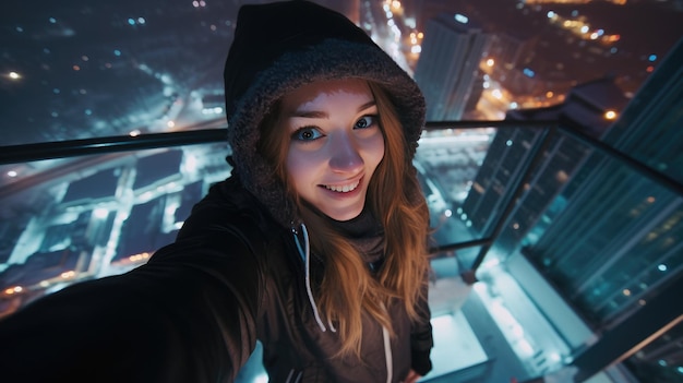 A young woman a girl takes a photo of a selfie on the roof of a skyscraper against the backdrop of a snow big city on a winter night Extreme risky photography