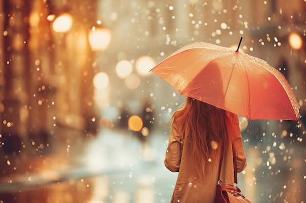 Young woman girl under an umbrella on a city street in rainy weather