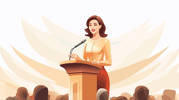 Young Woman Giving Good Speech on Podium Cartoon Vector