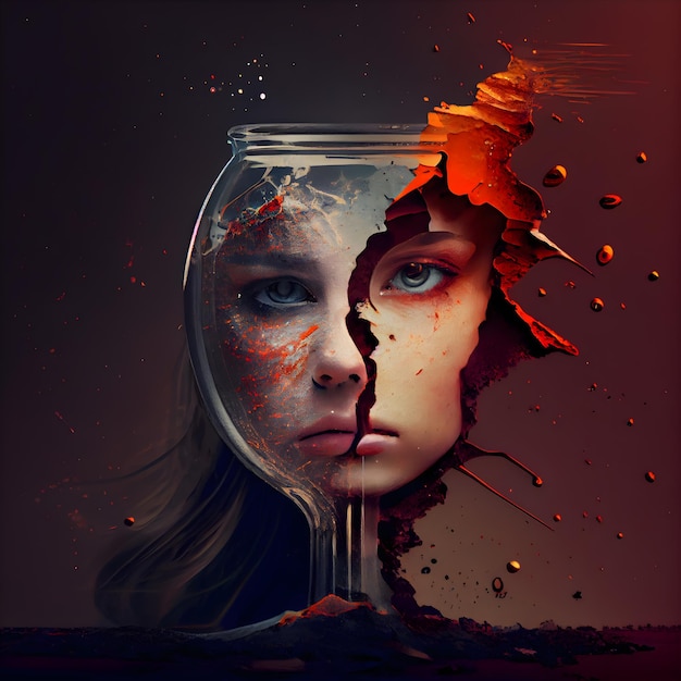 Young woman in a glass vase with blood splatter on her face