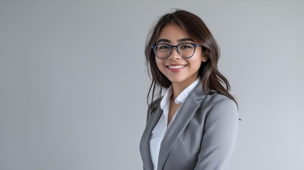 A young woman in glasses and a gray suit