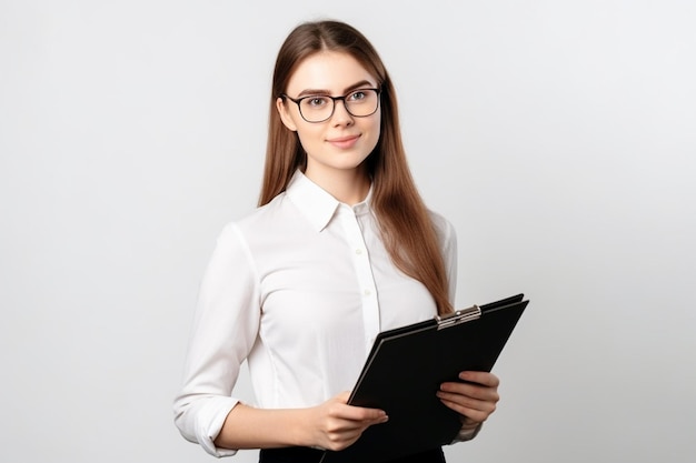 A young woman in glasses is holding a clipboard and holding a clipboard.