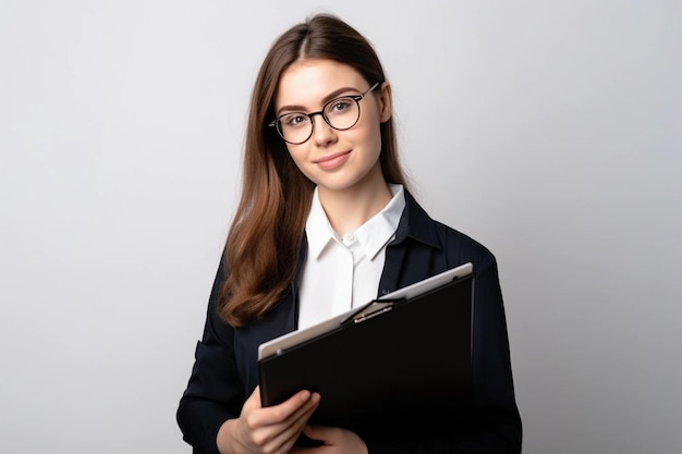 A young woman in glasses is holding a clipboard and the word data is on the screen.