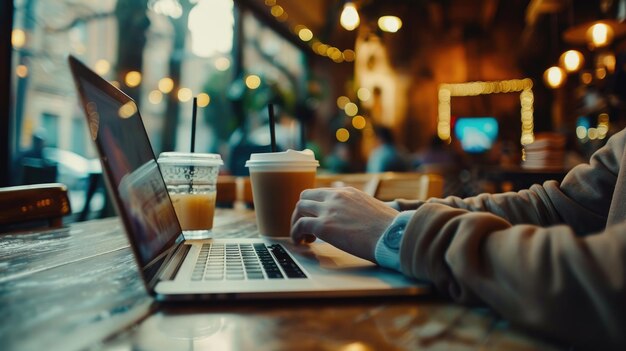 Photo young woman in glasses working on laptop in a cozy cafe creating a comfortable workspace aig