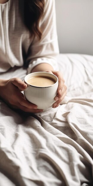 Young woman hand holding white cup of coffee on the bed in the morning