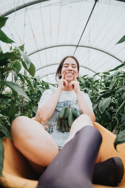 Young woman harvesting vegetables using a wheelbarrow from the greenhouse while using gloves hard work Sustainability and healthy food concept Organic raw products grown on a home farm rural world