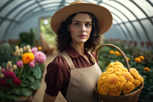 Young woman in a hat and a brown dress with a yellow apron standing at the Dahlia farm among flowers in a green house AI generation