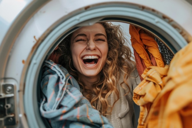 Photo young woman having fun and laughing while putting clothes in a washing machine