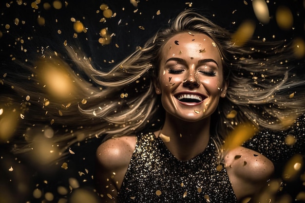 Young woman having fun surrounded golden confetti at party generative AI