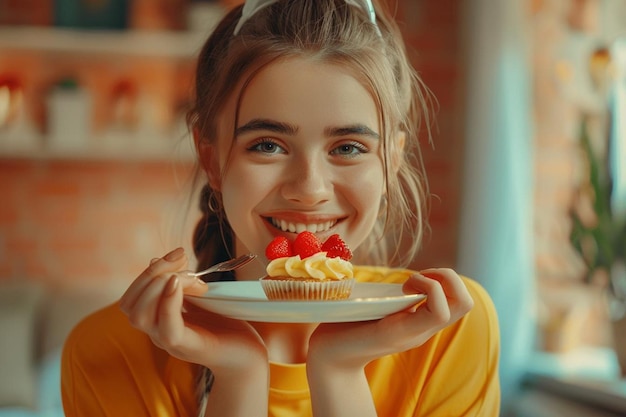 Photo young woman having fun while sitting with her friends at dining table and eating dessert