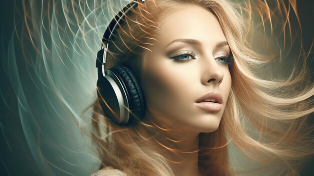 Young woman in headphones listening to music at home Girl sitting on sofa