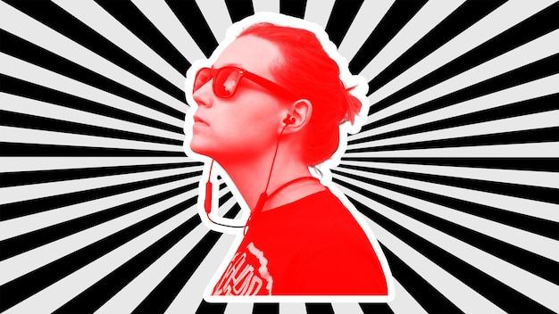 Young woman headphones social media ad creative digital art collage red sunburst background Listen to music play sound app song playlist podcast Modern funky trendy graphic Online streaming platform