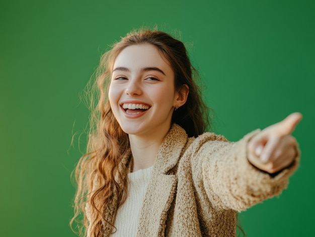 Photo young woman in her 20s smiling brightly and pointing