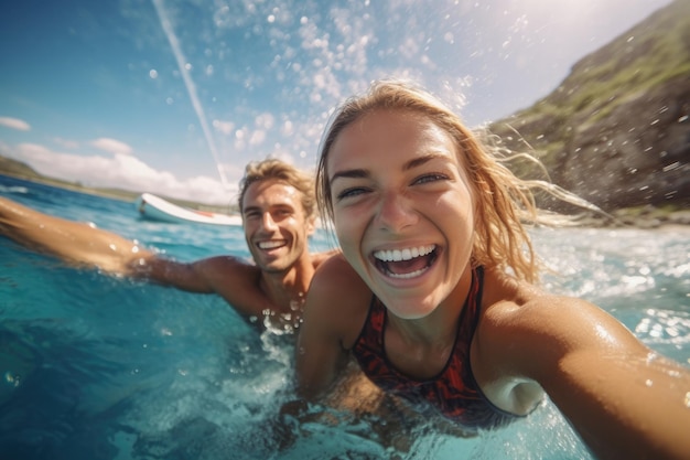 Young woman in her 30 years old and her boyfriend swimming on supboard Generative AI