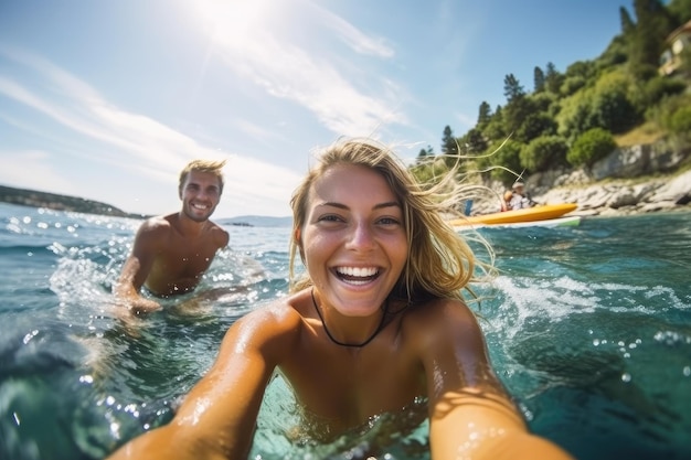 Young woman in her 30 years old and her boyfriend swimming on supboard Generative AI