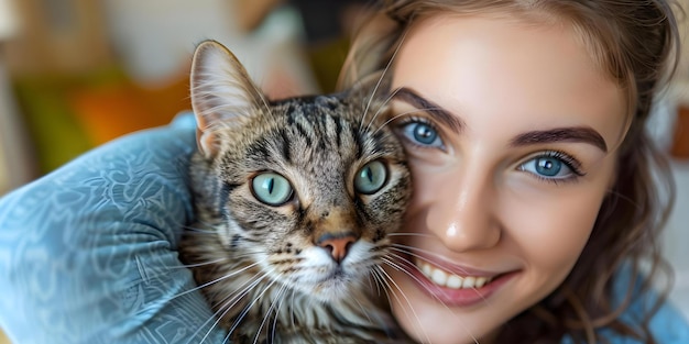 Photo young woman and her cat taking a selfie in a petfriendly hotel concept pets selfie travel hotel young woman