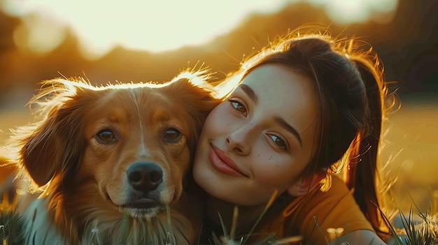 young woman and her golden retriever dog