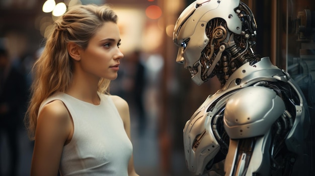 A young woman and a highly advanced robot face each other a moment capturing the intersection of humanity and futuristic artificial intelligence