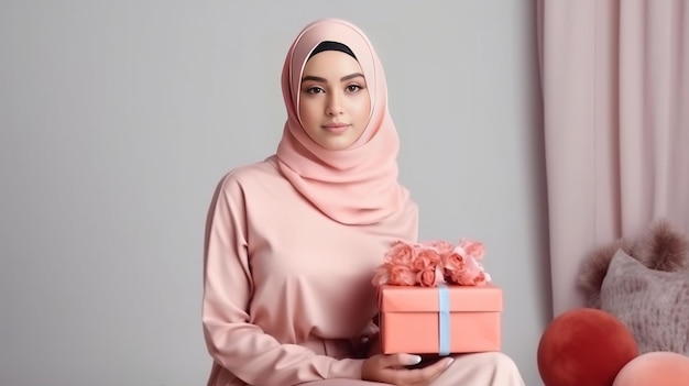 A Young woman in a hijab holds a gift box in hands