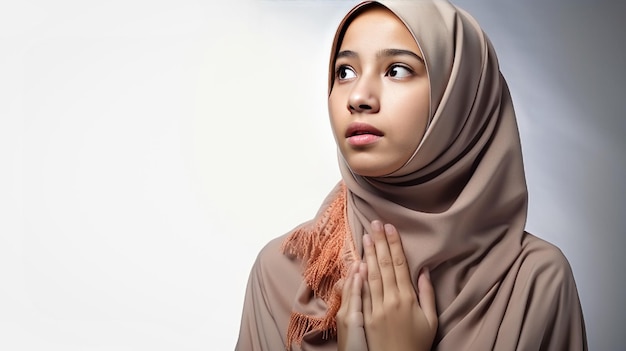 A young woman in a hijab with her hands together and her eyes closed.