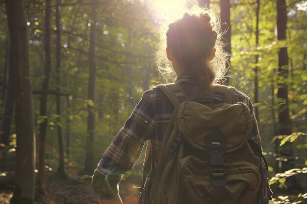 Young Woman Hiking Through a Sunlit Forest