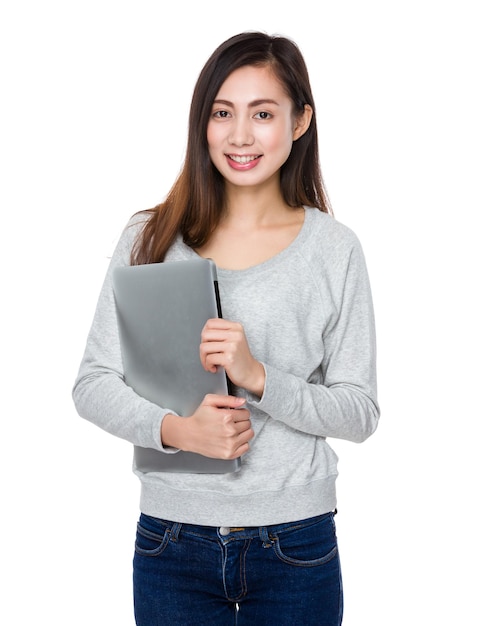 Young woman hold with laptop computer