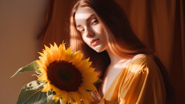 young woman hold yellow sunflower