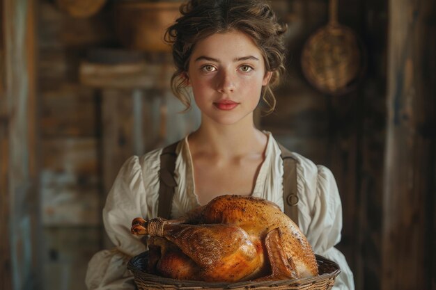 Photo a young woman holding a basket with a turkey presenting a rustic and festive scene