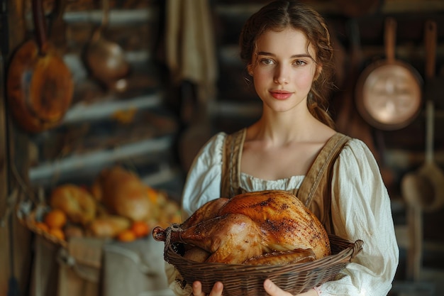 Photo a young woman holding a basket with a turkey presenting a rustic and festive scene