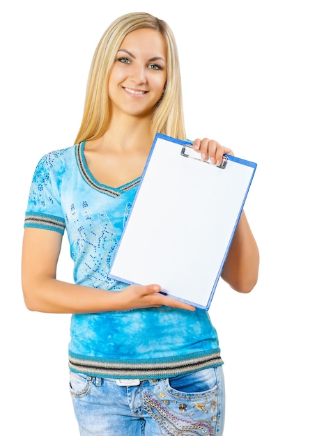 A young woman holding clipboard