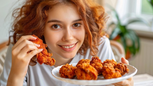 Photo young woman holding and eating crispy fried chicken with a delighted expression in a cozy setting